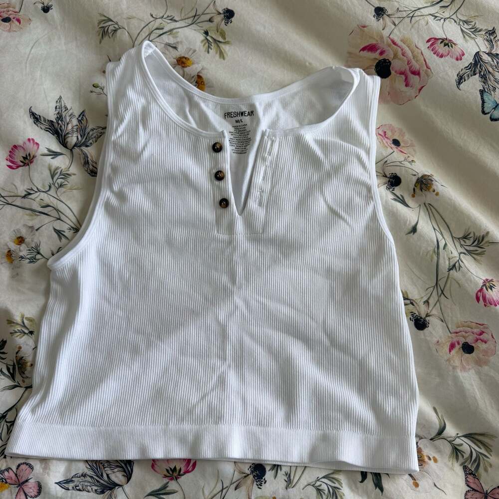 Freshwear Henley Ribbed Brami Tank Top in White